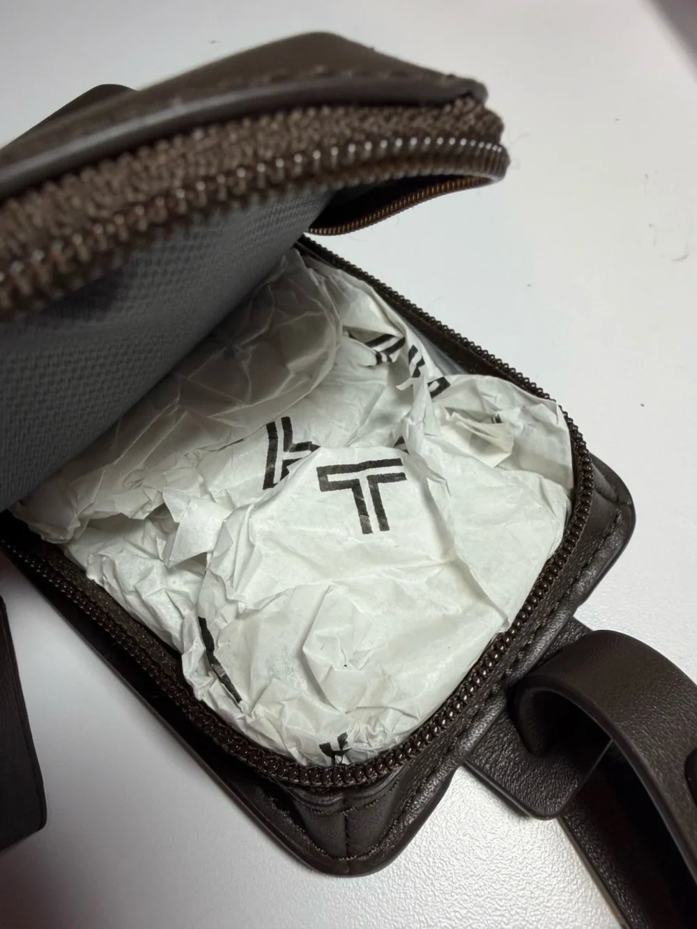 Tumi Dark Brown Leather Earbuds Travel ID Hangtag with Strap